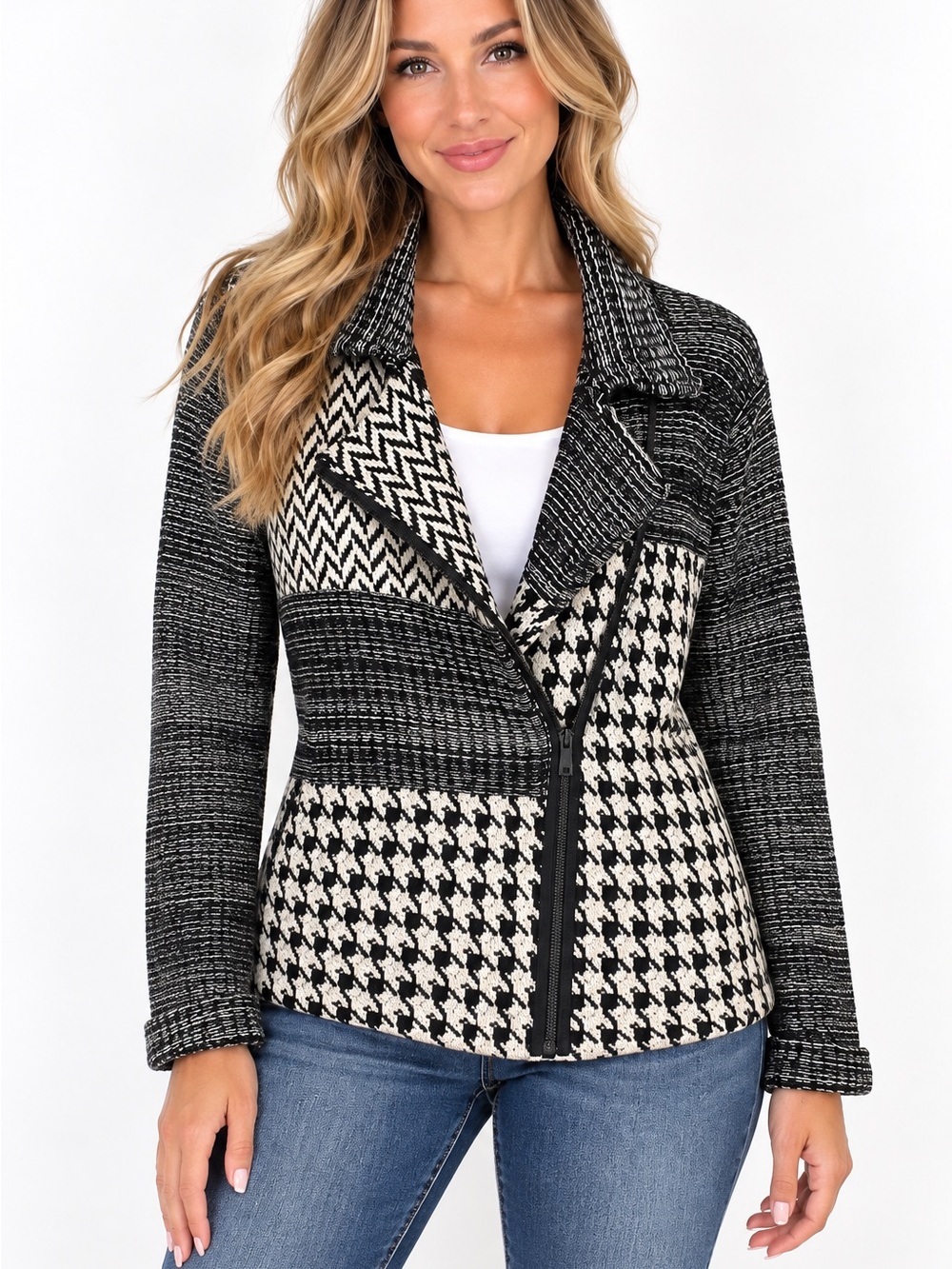 CHAPS Ralph Lauren Black & Cream Patterned Moto Sweater Jacket Women Size M